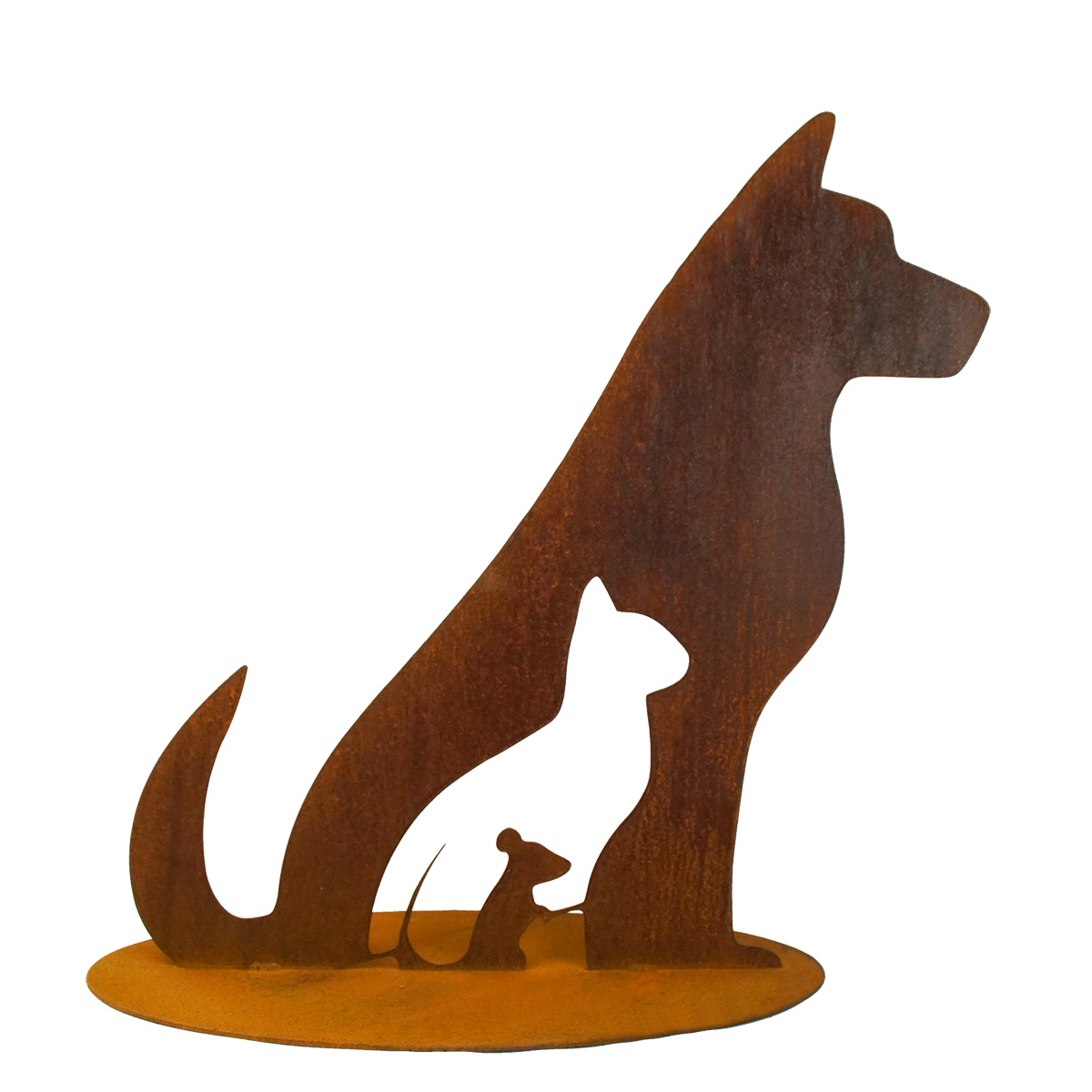Tier in Tierfigur aus Hund, Katze und Maus aus Edelrost 