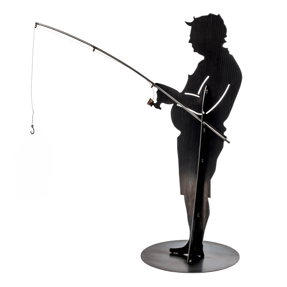 Stehender Angler mit Rute und Fisch aus Edelrost (3mm), B205xH500mm