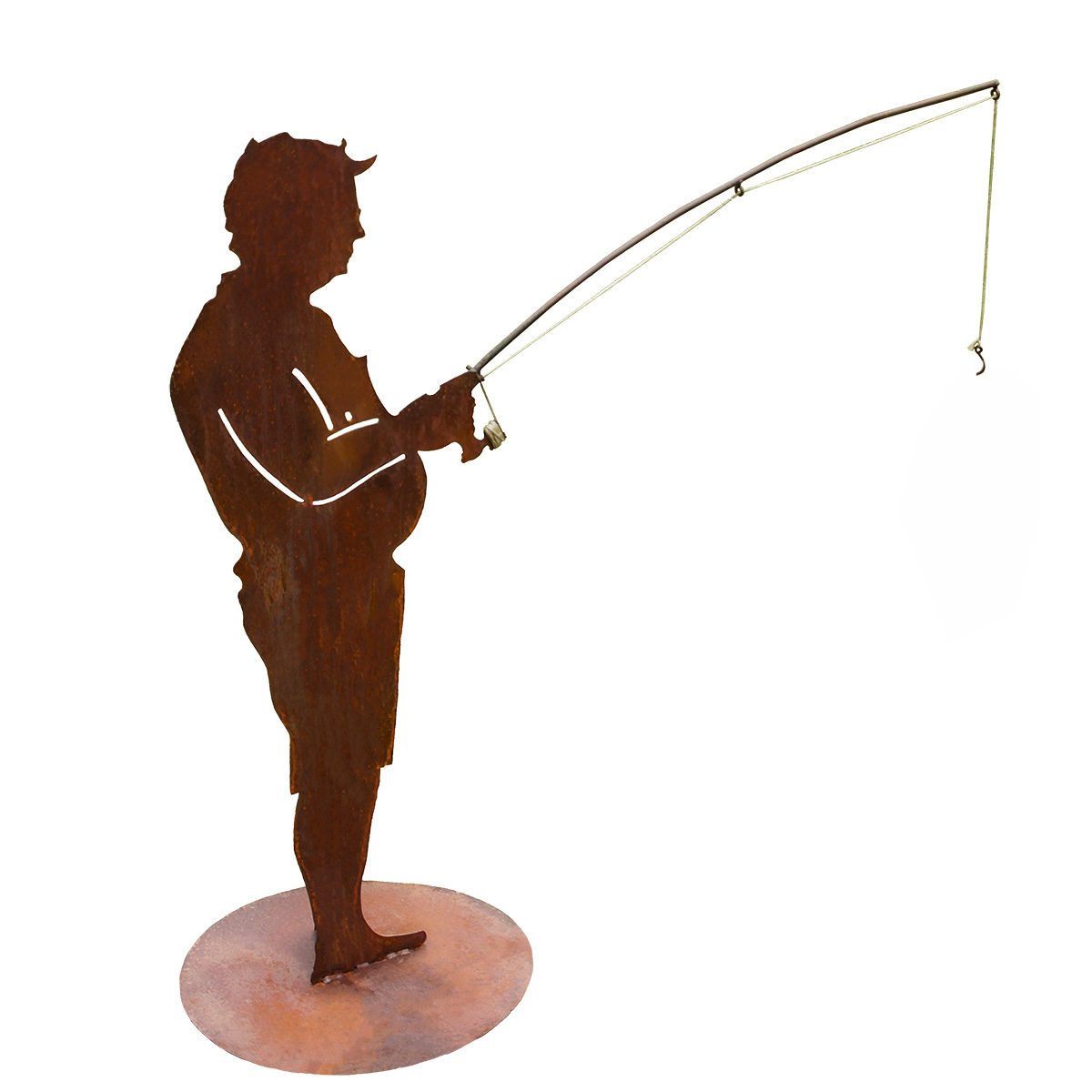 Stehender Angler mit Rute und Fisch aus Edelrost (3mm), B205xH500mm