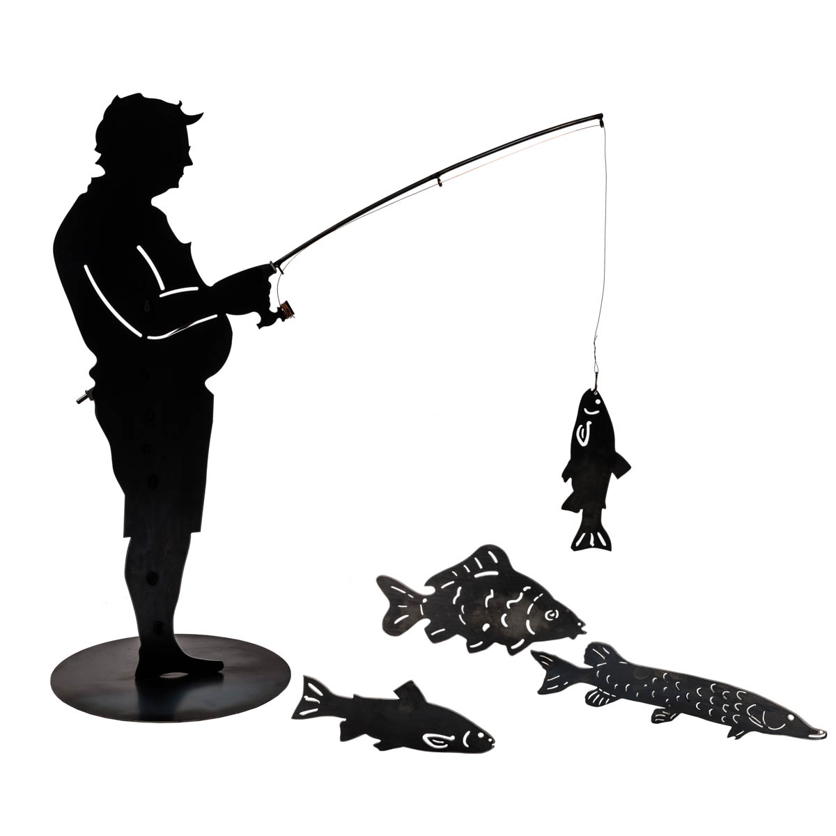 Stehender Angler mit Rute und Fisch aus Edelrost (3mm), B400xH980mm