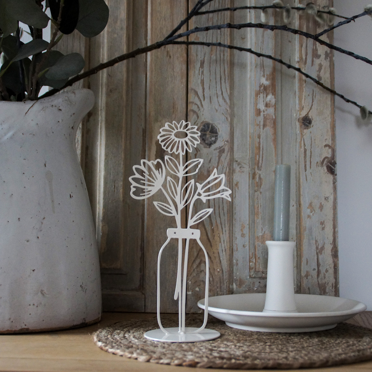 Blumenvase mit Blumenstrauß aus Metall in 4 Farben