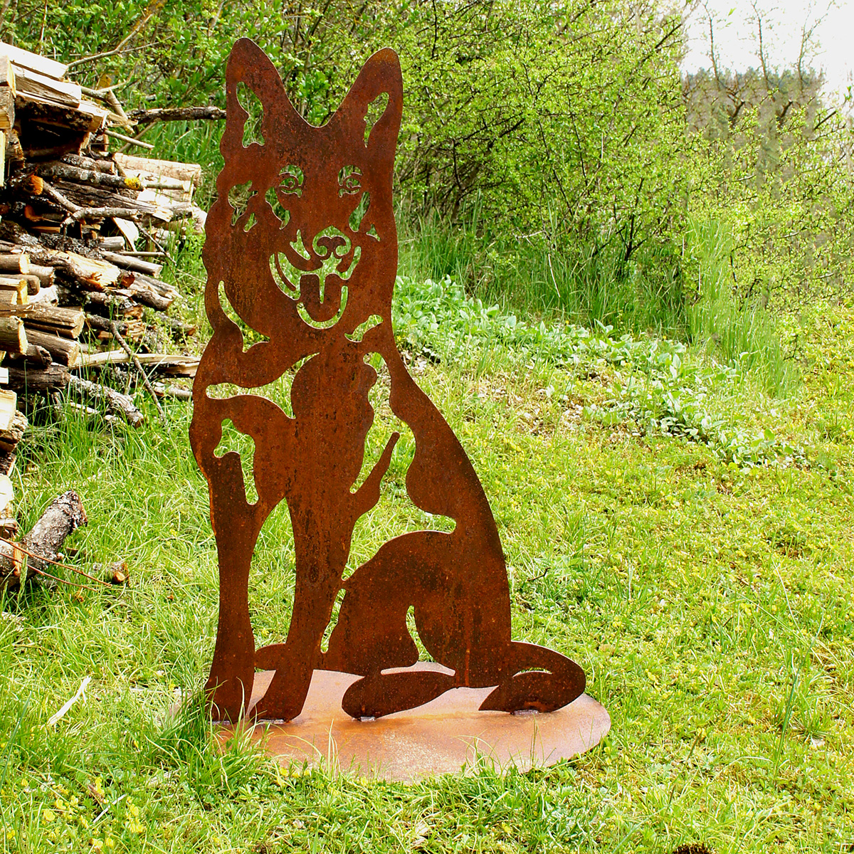 Schäferhund Edelrost Dekofigur, auf Platte, 88 cm hoch