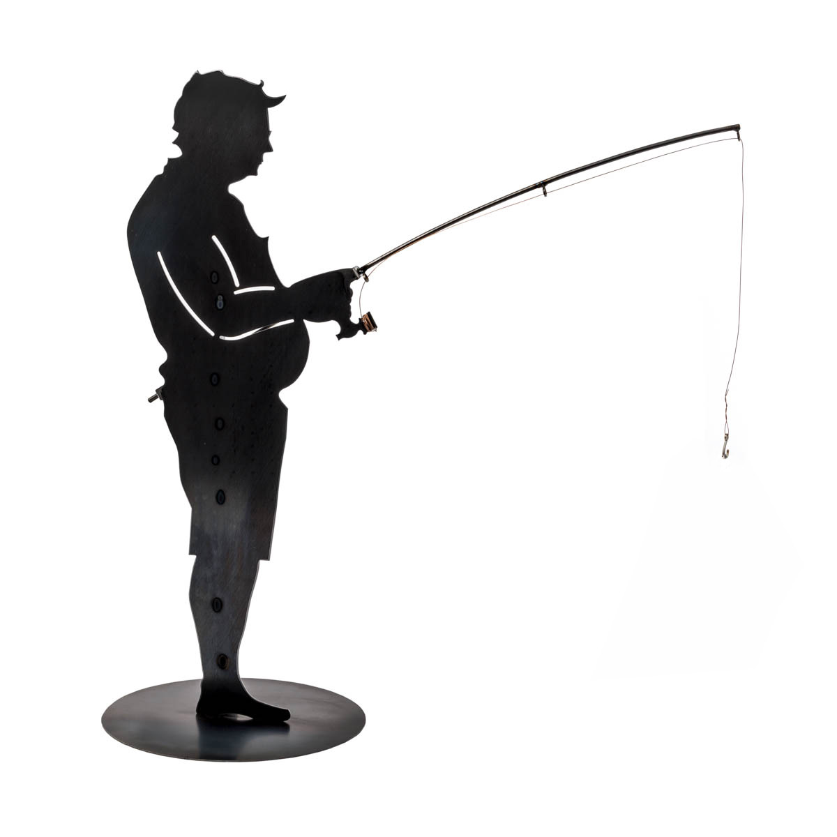 Stehender Angler mit Rute und Fisch aus Edelrost (3mm), B205xH500mm